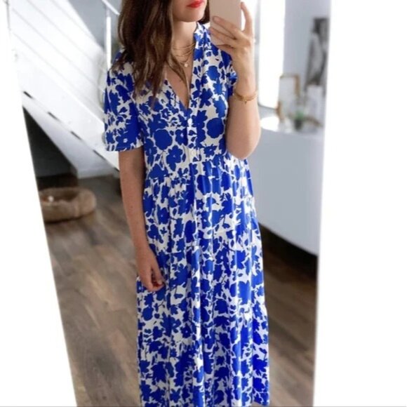 Zara Blue White Floral Maxi Dress Button Front Lightweight Fabric Women’s Casual - Picture 2 of 11
